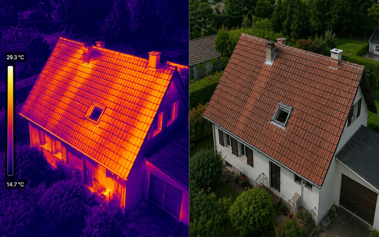 Thermographie aérienne d’une maison : image thermique et vue réelle du toit