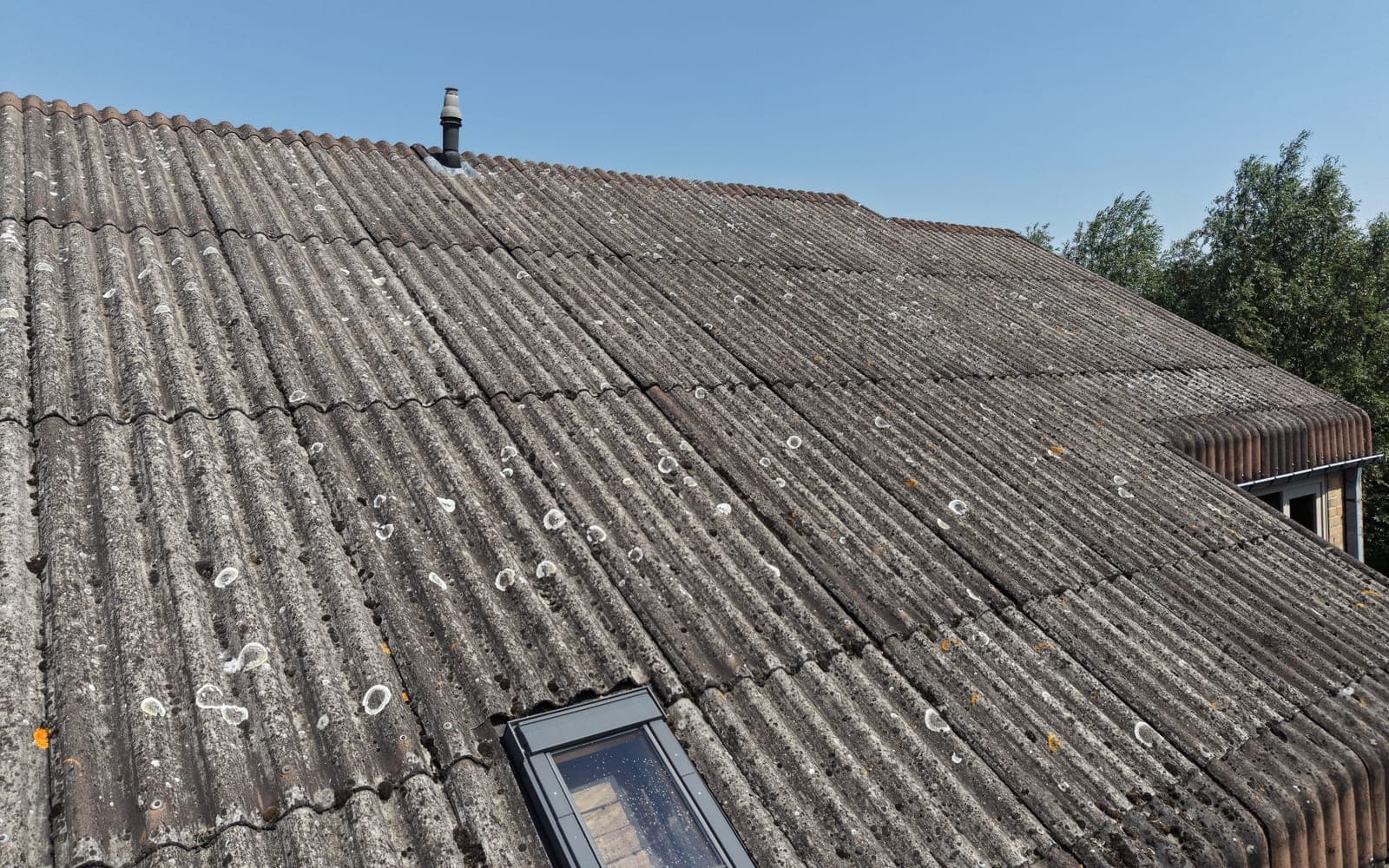 Toiture en fibrociment couverte de mousses, repérage par drone
