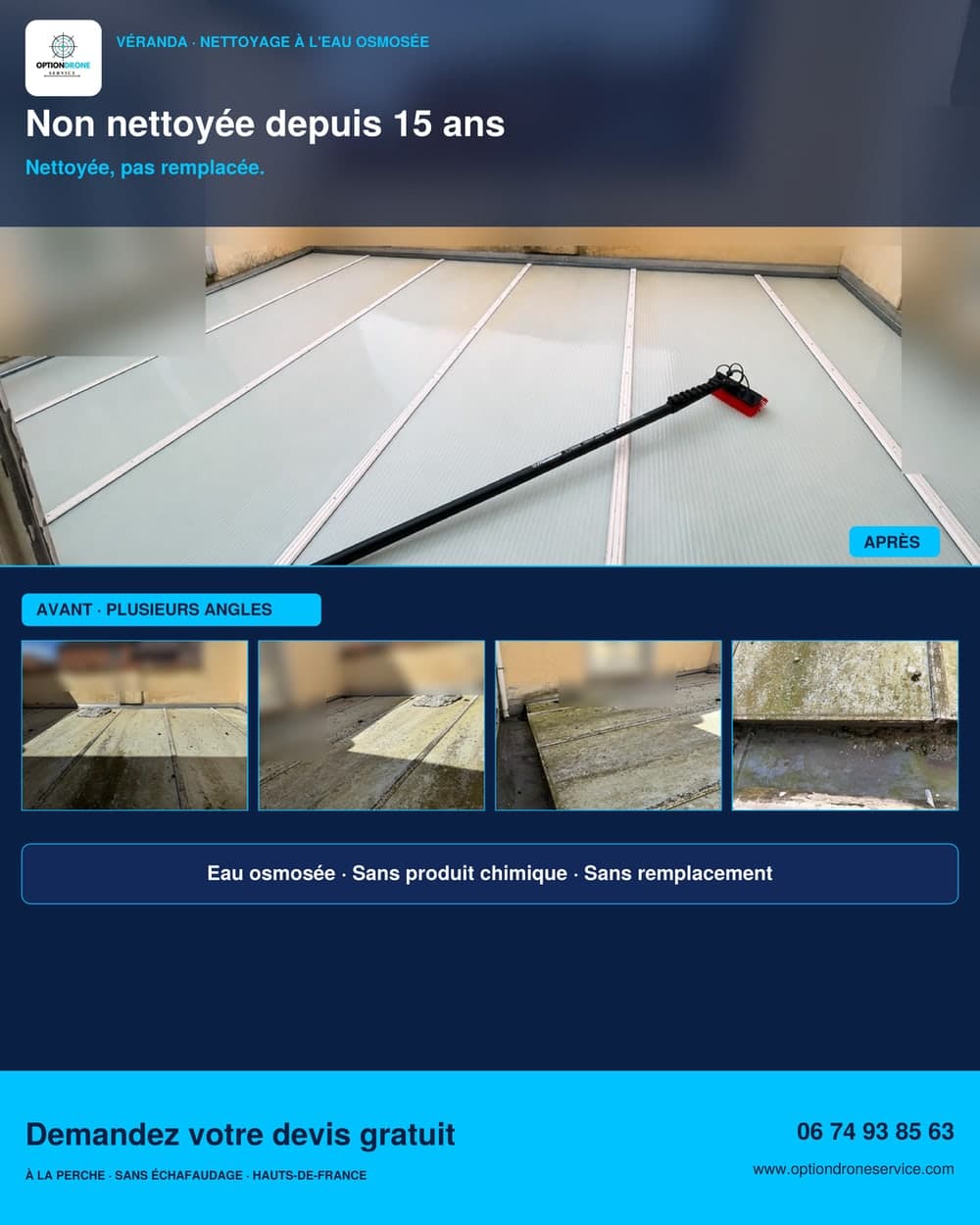 Affiche — nettoyage de véranda à l’eau osmosée, avant / après
