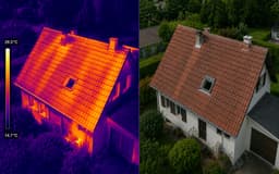 Thermographie aérienne d’une maison : image thermique et vue réelle du toit