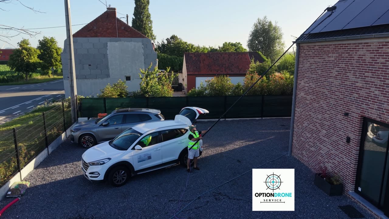 Opérateur Option Drone Service nettoyant une toiture à la perche télescopique depuis le sol