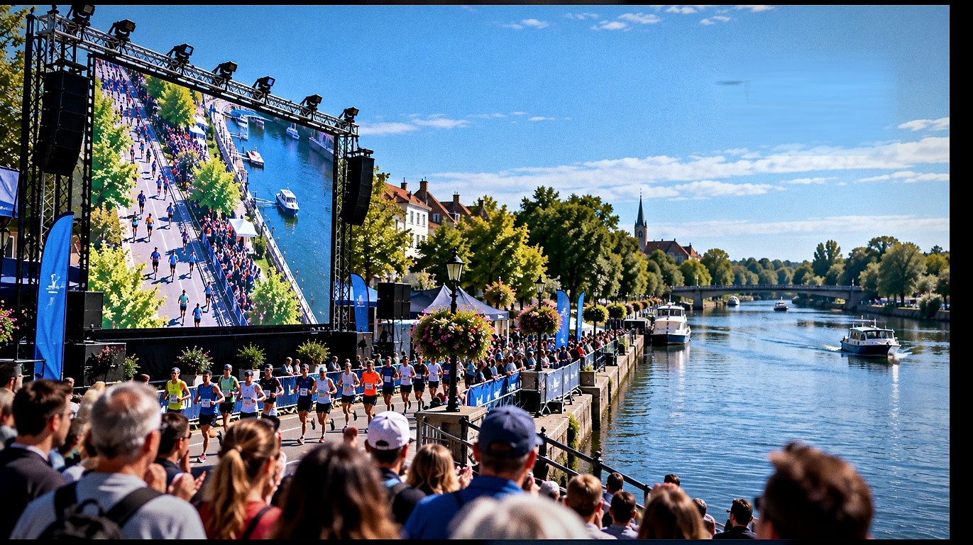 Course retransmise en direct sur un grand écran LED le long du parcours, spectateurs devant l’écran