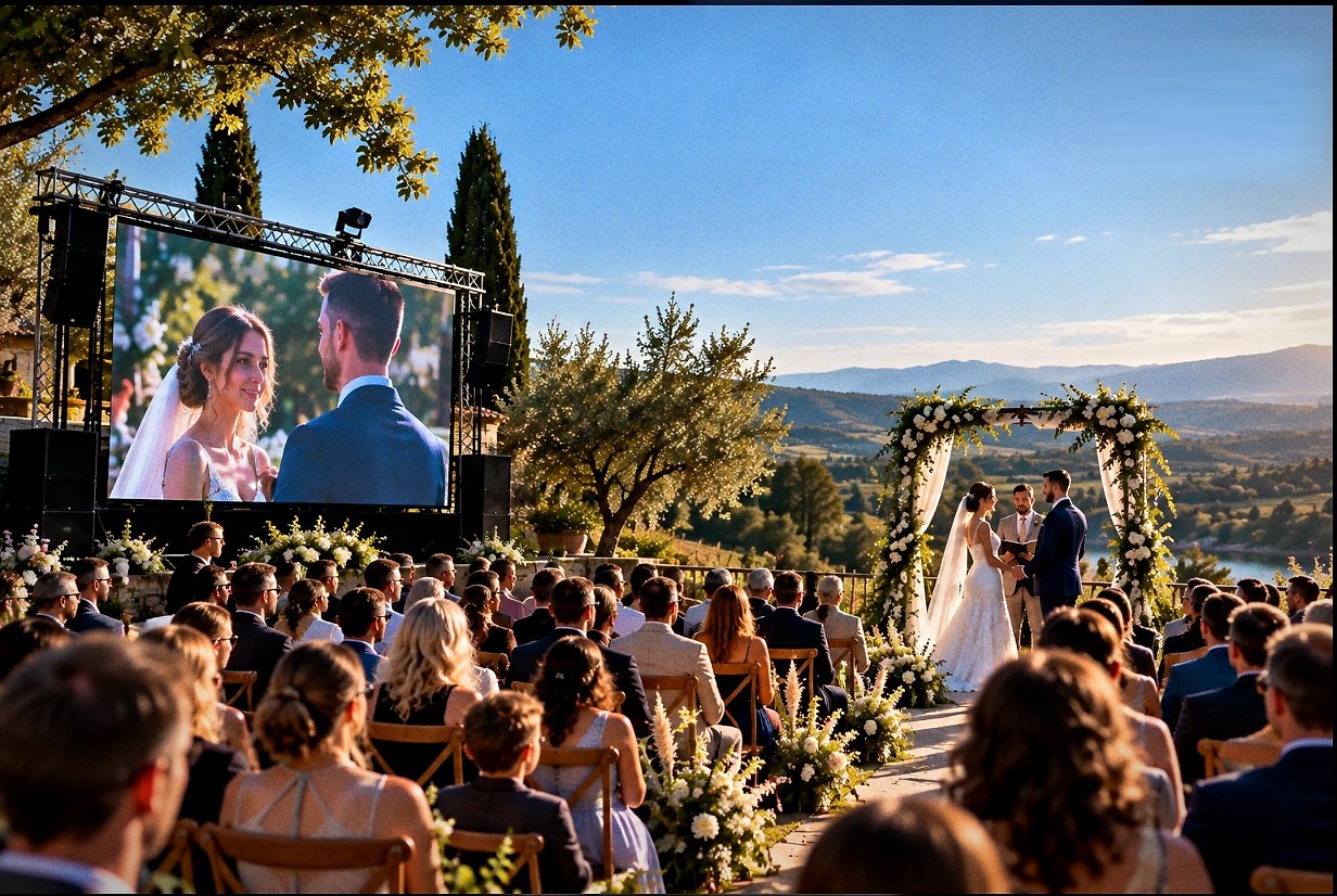 Cérémonie de mariage en extérieur retransmise en direct sur grand écran pour les invités